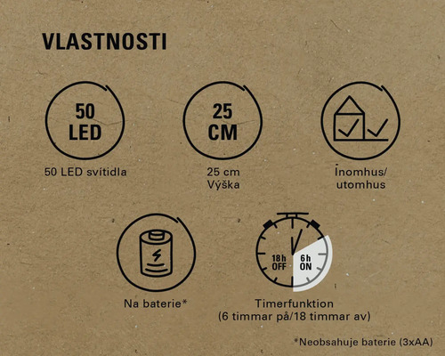 Vlastnosti produktu: 50 LED, výška 25 cm, vhodné pro vnitřní i venkovní použití, provoz na baterie, funkce časovače