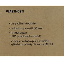 Vlastnosti: Lze používat několik let, snadná montáž (30 minut), celistvý vzhled (1282 jednotlivých větviček), vyrobeno z nehořlavých materiálů a splňuje požadavky normy EN 71-2.