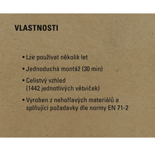 Vlastnosti: Lze používat několik let, snadná montáž (30 minut), celistvý vzhled (1442 jednotlivých větviček), vyrobeno z nehořlavých materiálů a splňuje požadavky dle normy EN 71-2.