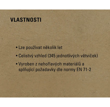 Vlastnosti: Lze používat několik let, celistvý vzhled (345 jednotlivých větviček), vyrobeno z nehořlavých materiálů a splňuje požadavky dle normy EN 71-2.