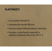 Vlastnosti: Lze používat několik let, snadná montáž (30 minut), plný vzhled (430 jednotlivých větví), vyrobeno z nehořlavých materiálů a splňuje požadavky normy EN 71-2.