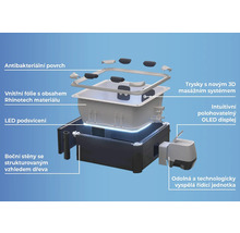 Rozkreslený pohled na vířivku s antibakteriálním povrchem, 3D masážním systémem a LED osvětlením.