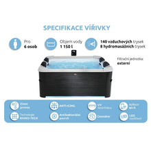 Specifikace vířivky: vhodné pro šest osob, objem vody 1150 litrů, 140 vzduchových trysek, osm hydromasážních trysek, externí filtrační jednotka, zimní provoz, technologie Rhino Tech, funkce proti námraze, antibakteriální povrch, UV...