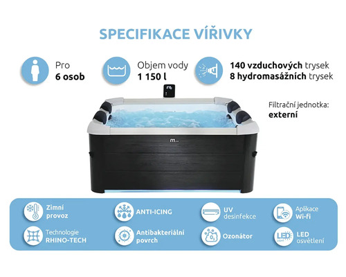 Specifikace vířivky: vhodné pro šest osob, objem vody 1150 litrů, 140 vzduchových trysek, osm hydromasážních trysek, externí filtrační jednotka, zimní provoz, technologie Rhino Tech, funkce proti námraze, antibakteriální povrch, UV...