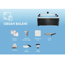 Obsah balení vířivky s filtračními patronami, krytem filtru, nafukovacím krytem, horním krytem, podložkou, LED osvětlením a malým plovákem