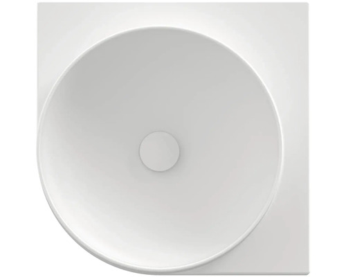 Pohled shora na kulaté, hranaté umyvadlo na desku