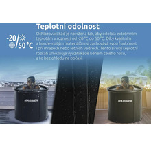 Produktová fotografie s ženou v ochlazovacím sudu Marimex, který odolává teplotám od minus 20 stupňů do 50 stupňů.