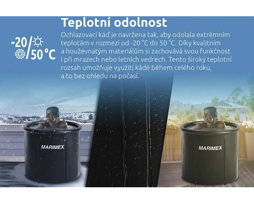 Produktová fotografie s ženou v ochlazovacím sudu Marimex, který odolává teplotám od minus 20 stupňů do 50 stupňů.