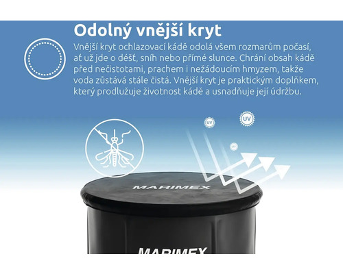 Vnější kryt pro chladicí bazén Marimex, chrání před povětrnostními vlivy, nečistotami, prachem a hmyzem, symbol ochrany proti UV záření