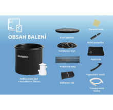 Obsah balení ochlazovací kádě s kartušovou filtrací, včetně krycí plachty, nafukovacího krytu, podpěrných nohou, polštářku, opravné sady, ruční pumpičky, vypouštěcího ventilu, transparentní hadice a stahovacího vaku.