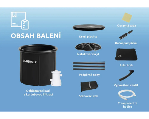 Obsah balení ochlazovací kádě s kartušovou filtrací, včetně krycí plachty, nafukovacího krytu, podpěrných nohou, polštářku, opravné sady, ruční pumpičky, vypouštěcího ventilu, transparentní hadice a stahovacího vaku.