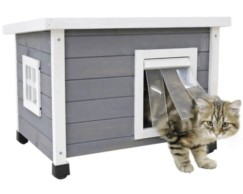 Kočka vstupuje do šedého domku pro kočky s klapkou
