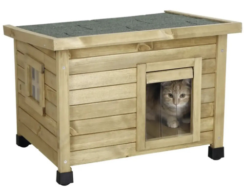 Dřevěný kočičí dům s kočkou