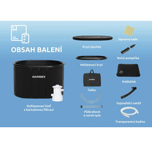 Obsah balení chladicí vany s patronovým filtrem, včetně krytu, nafukovacího krytu, tašky, půlkruhových a rovných tyčí, sady na opravu, ruční pumpy, polštáře, vypouštěcího ventilu a transparentní hadice.