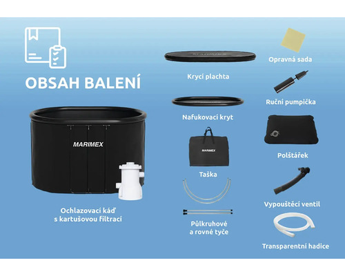 Obsah balení chladicí vany s patronovým filtrem, včetně krytu, nafukovacího krytu, tašky, půlkruhových a rovných tyčí, sady na opravu, ruční pumpy, polštáře, vypouštěcího ventilu a transparentní hadice.