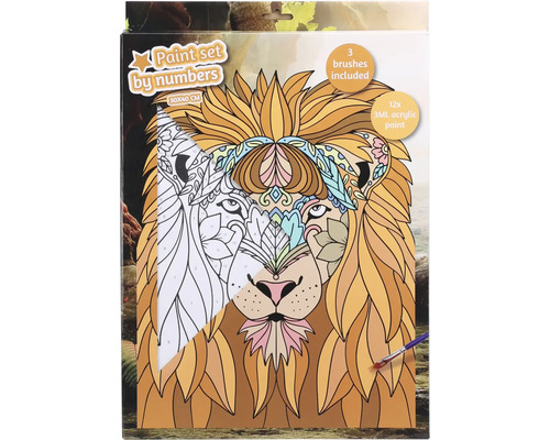 Sada malování podle čísel s motivem lva, včetně tří štětců a dvanácti akrylových barev