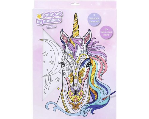 Sada malování podle čísel Jednorožec se třemi štětci a dvanácti akrylovými barvami