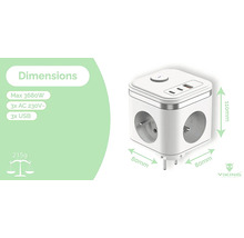 Bílá zásuvková lišta ve tvaru kostky se třemi zásuvkami, třemi porty USB a rozměry.