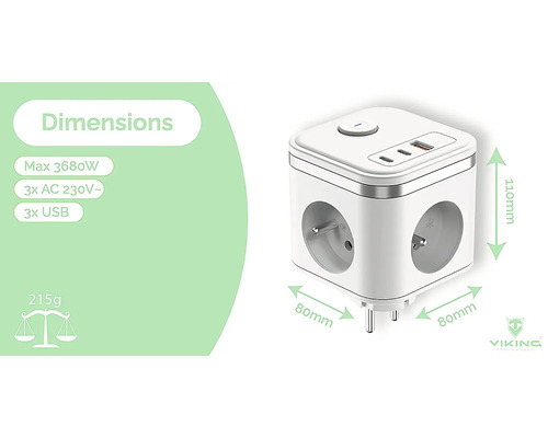 Bílá zásuvková lišta ve tvaru kostky se třemi zásuvkami, třemi porty USB a rozměry.