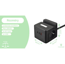 Černý adaptér zástrčky se dvěma střídavými zásuvkami, třemi porty USB a rozměry