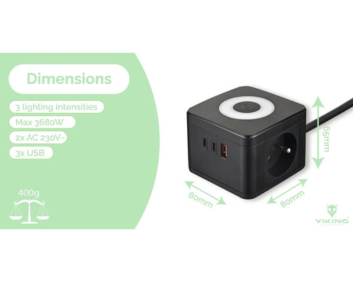 Černá zásuvková lišta se dvěma AC zásuvkami, třemi USB porty a třemi úrovněmi jasu