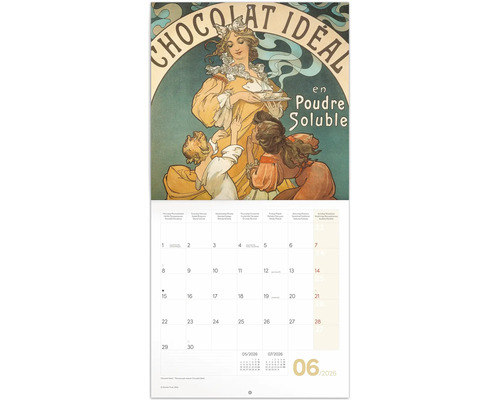 Nástěnný kalendář s čokoládovým motivem ve stylu Art Nouveau na měsíc červen 2026