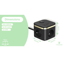 Krychlová zásuvková lišta se třemi zásuvkami AC 230 V a třemi zásuvkami USB