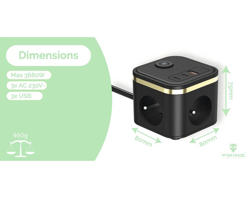 Krychlová zásuvková lišta se třemi zásuvkami AC 230 V a třemi zásuvkami USB