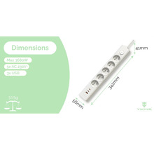 Prodlužovací kabel s pěti zásuvkami na střídavý proud 230 V a třemi porty USB, rozměry jsou viditelné