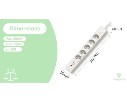Prodlužovací kabel s pěti zásuvkami na střídavý proud 230 V a třemi porty USB, rozměry jsou viditelné