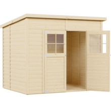 Dřevěný zahradní domek s dvoukřídlými dveřmi a okny
