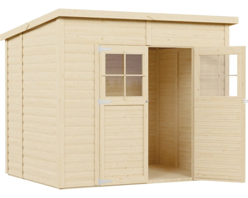 Dřevěný zahradní domek s dvoukřídlými dveřmi a okny