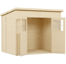 Otevřená dřevěná zahradní bouda s dvoukřídlými dveřmi