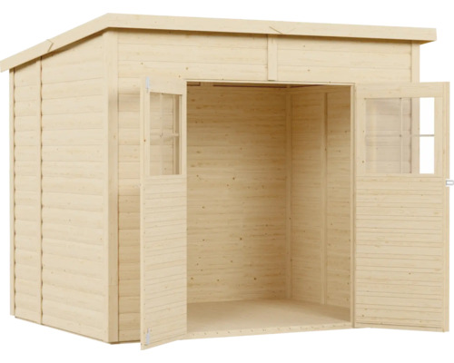 Otevřená dřevěná zahradní bouda s dvoukřídlými dveřmi