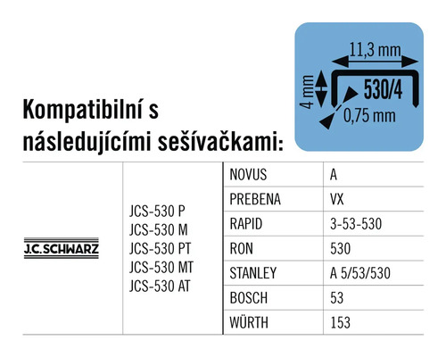 Informace o kompatibilitě s různými sešívačkami a velikosti sponek