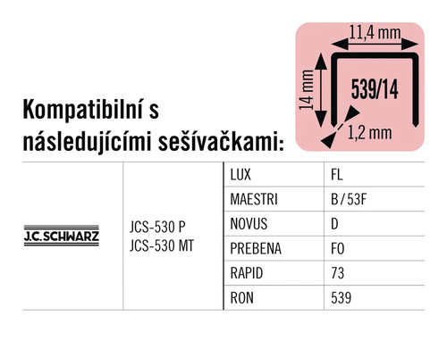Informace o kompatibilitě sponek s různými sešívačkami značek LUX, Maestri, Novus, Prebena, Rapid a Ron a také J.C. Schwarz