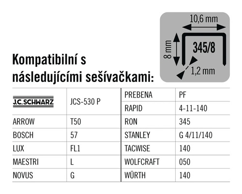 Informace o kompatibilitě sponek s různými sešívačkami a rozměry.