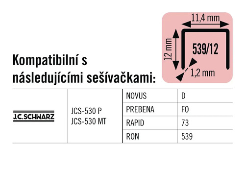 Informace o kompatibilitě sponek s různými sešívačkami a rozměry.