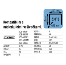 Informace o kompatibilitě s různými sešívačkami a rozměrech sponek.