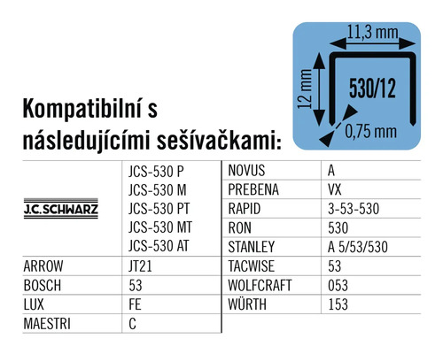 Informace o kompatibilitě s různými sešívačkami a rozměrech sponek.