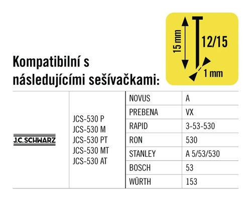 Informace o kompatibilitě sponek s různými sešívačkami.