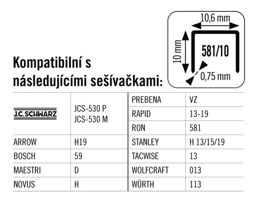 Informace o kompatibilitě sponek s různými modely sešívaček a rozměry