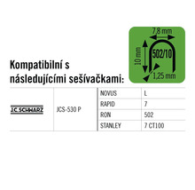 Informace o kompatibilitě s různými sešívačkami a rozměry sponek.
