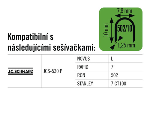 Informace o kompatibilitě s různými sešívačkami a rozměry sponek.