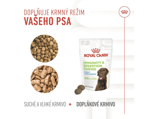 Royal Canin žvýkací pamlsky pro imunitu a trávení štěňat, doplňkové krmivo se suchým a vlhkým krmivem