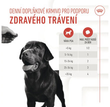 Doplňkové krmivo pro psy na podporu zdravého trávení s dávkovací tabulkou