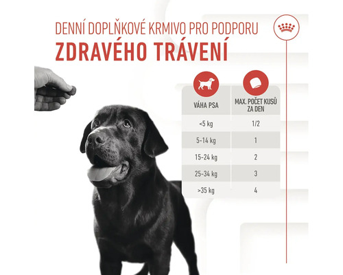 Doplňkové krmivo pro psy na podporu zdravého trávení s dávkovací tabulkou