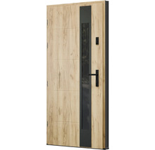 Vchodové dveře s dřevěným vzhledem, skleněnou vložkou a černou klikou