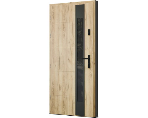 Vchodové dveře s dřevěným vzhledem, skleněnou vložkou a černou klikou