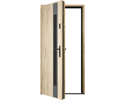 Otevřené vchodové dveře s dřevěným vzorem a oknem